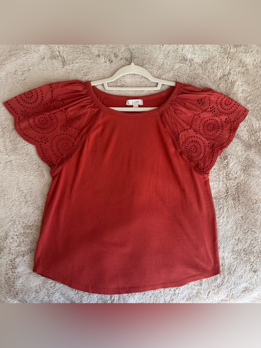LOFT Brick Red Eyelet Flutter Sleeve Tee